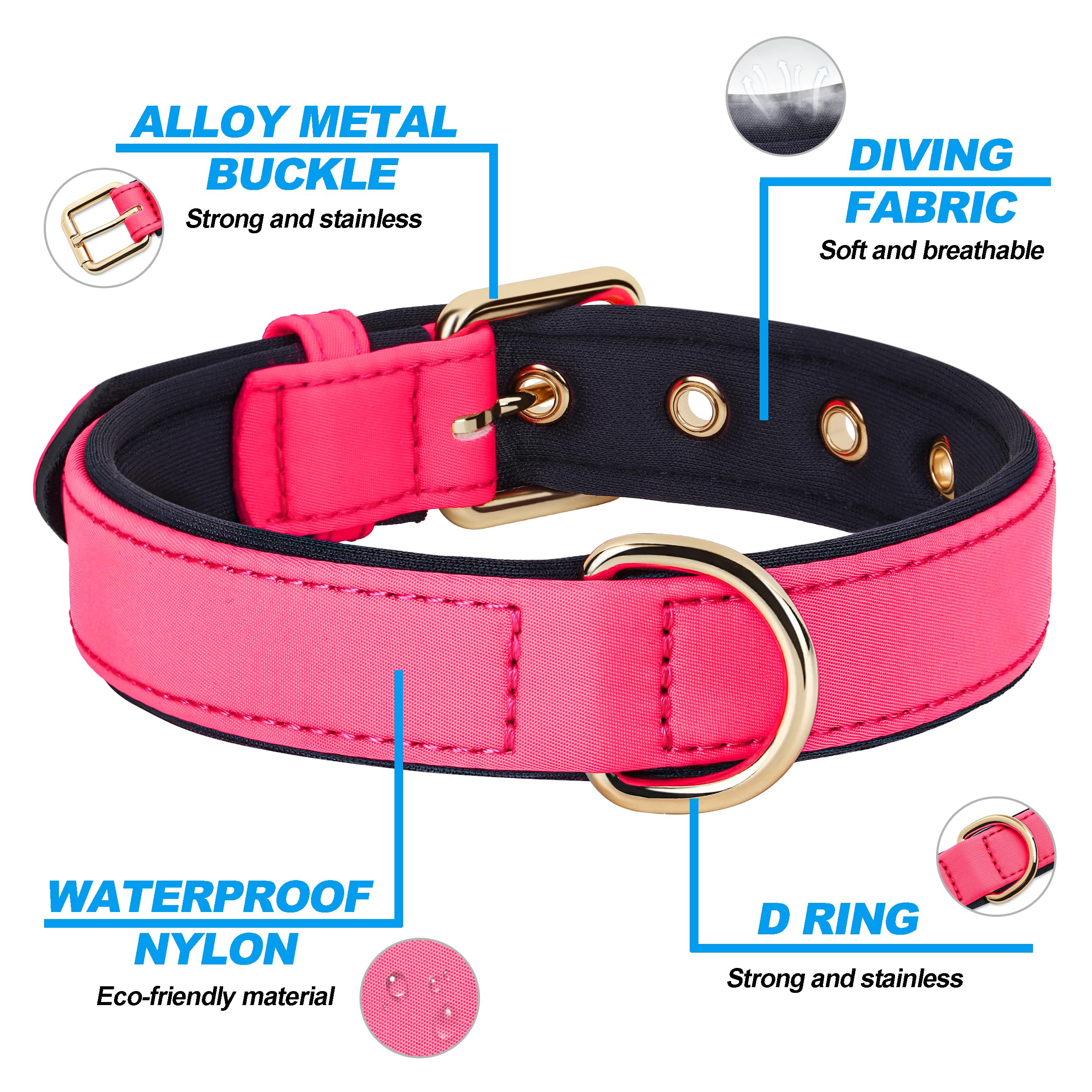 Didog Soft Padded Dog Collars For Small Dogs, Lightweight And Breathable Dog Collar Waterproof With Metal Buckle, Pink, S